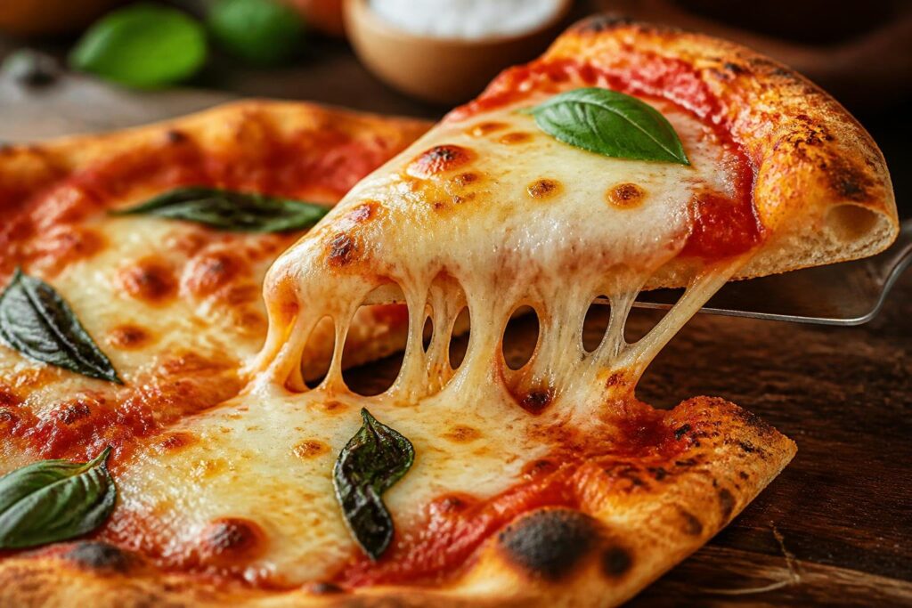 Easy pizza recipes that go viral featuring gooey cheese pull, homemade crispy crust pizza with melted mozzarella and fresh basil, viral food trend pizza recipe