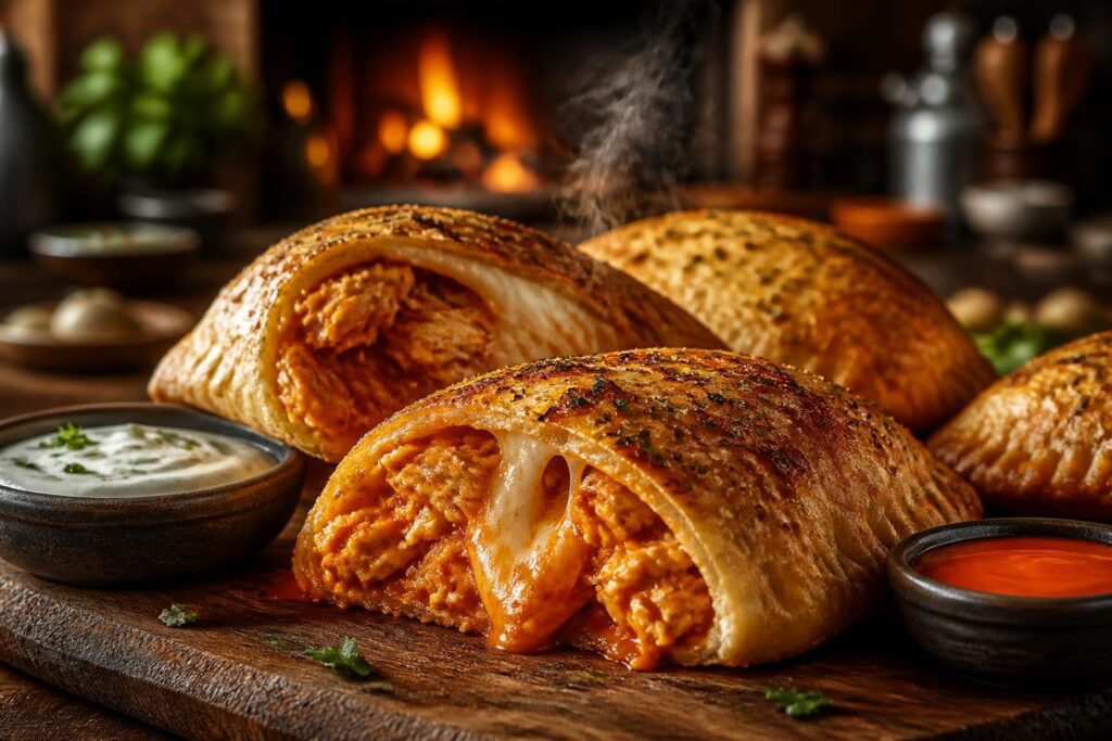 Golden crispy Spicy Buffalo Chicken Pockets with melted cheese and spicy buffalo chicken filling served with ranch and buffalo sauce on rustic wooden