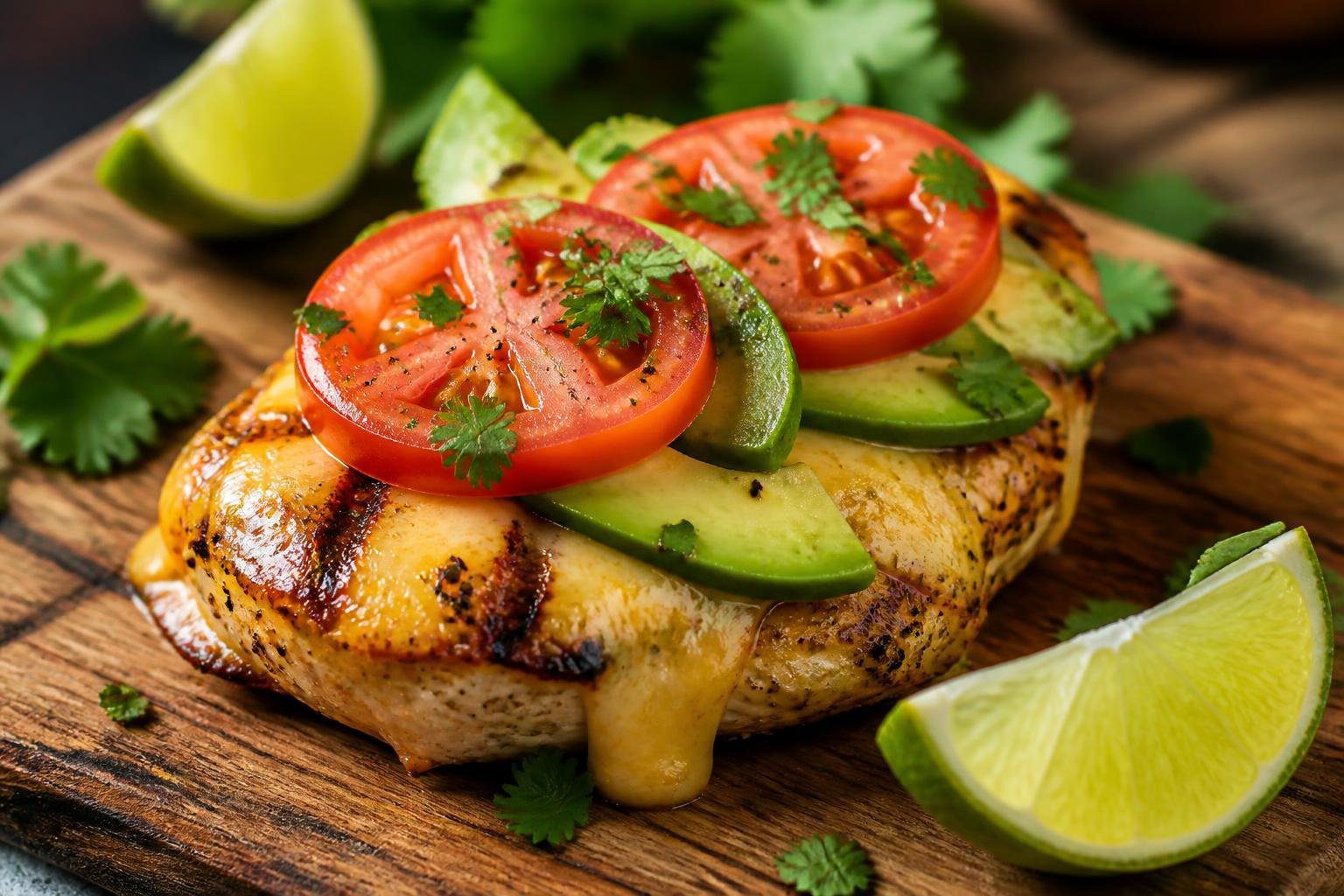 Grilled California avocado chicken with melted cheese, fresh tomato and herbs on rustic board, easy chicken recipe, healthy grilled chicken dinner