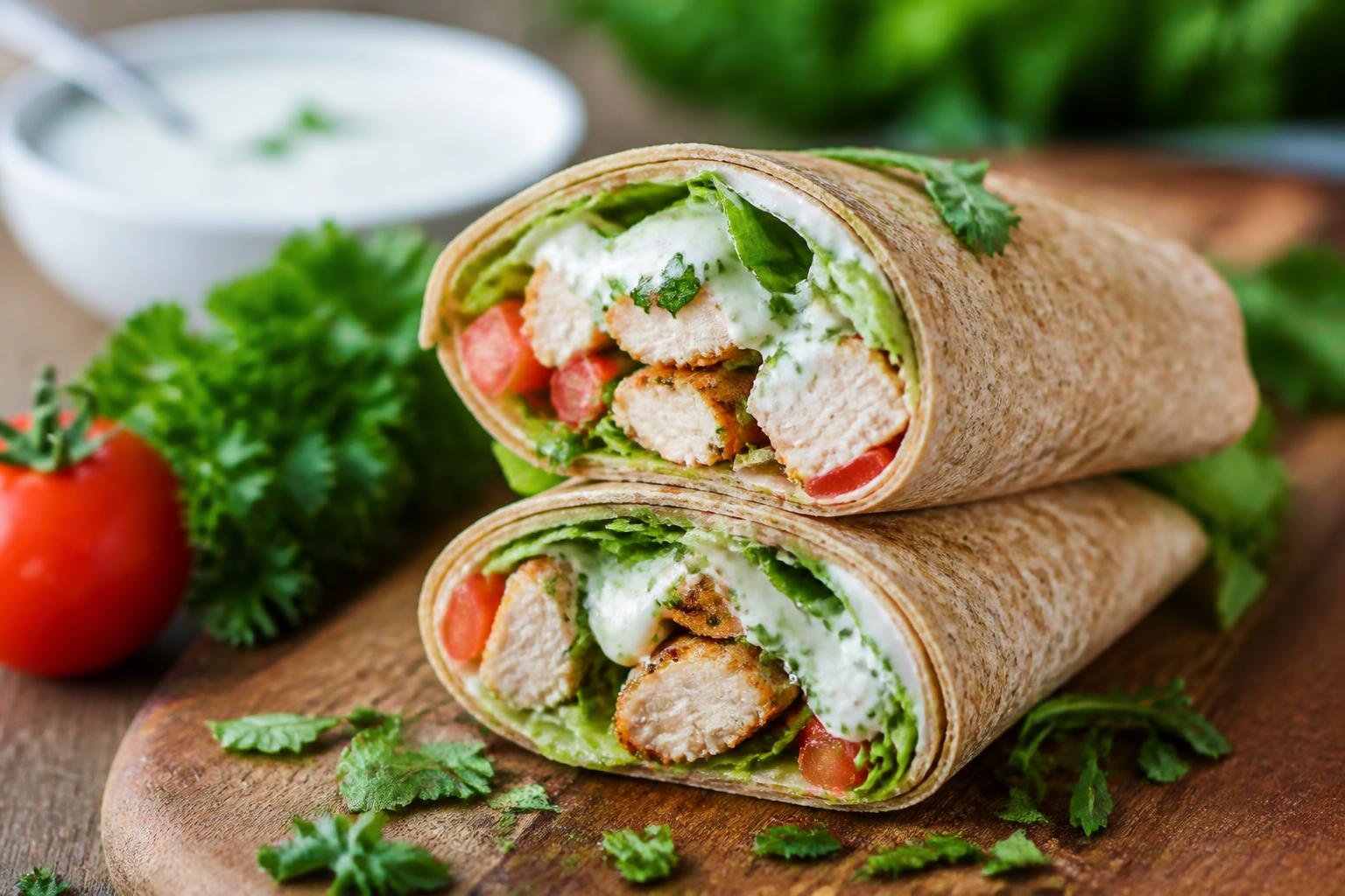 Healthy Grilled Chicken Ranch Wraps made with juicy grilled chicken, fresh vegetables, and light ranch dressing in a whole wheat tortilla, styled as a healthy high-protein lunch on a rustic wooden table.