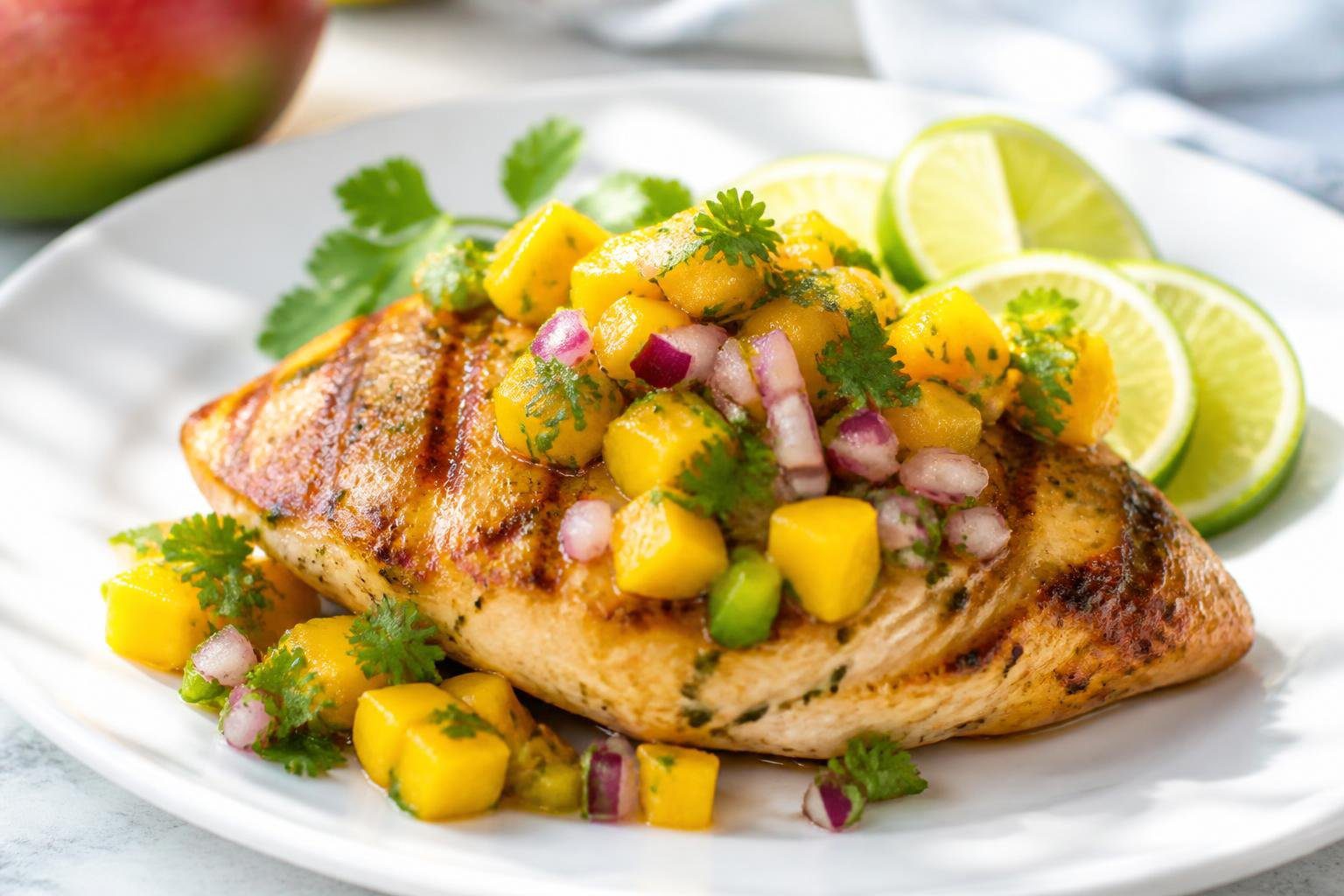 Healthy honey lime chicken with mango salsa served on a plate, grilled juicy chicken topped with fresh mango, cilantro, and lime for a vibrant tropical healthy meal