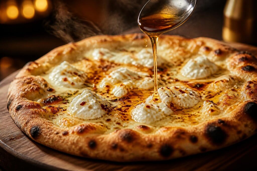 Irresistible hot honey ricotta pizza delight with crispy crust, creamy ricotta, melted mozzarella, and sweet spicy hot honey drizzle creating a gourmet sweet and spicy pizza experience.