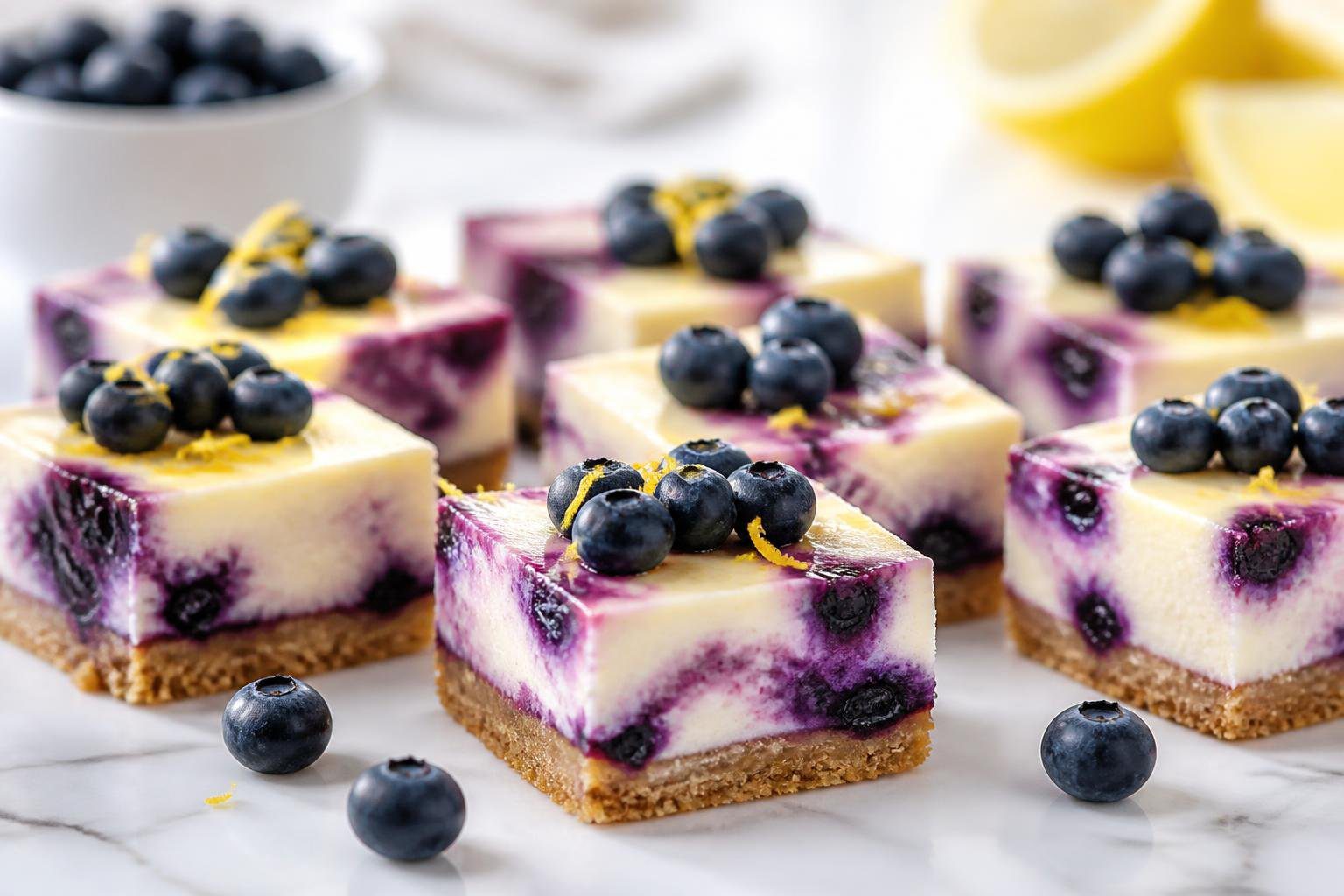 Keto blueberry lemon cheesecake bars with creamy layers, fresh blueberries, and lemon zest on a marble surface, low-carb sugar-free dessert with almond flour crust