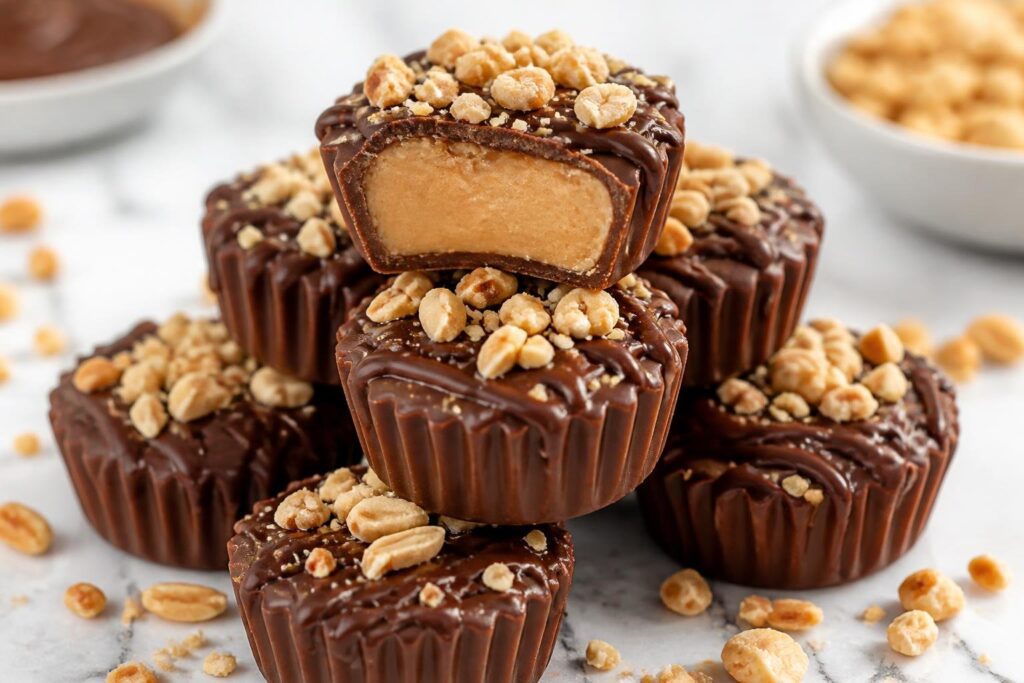 Keto peanut butter chocolate fat bombs stacked with creamy filling and chocolate drizzle, low-carb dessert snack perfect for keto diet and sugar-free cravings