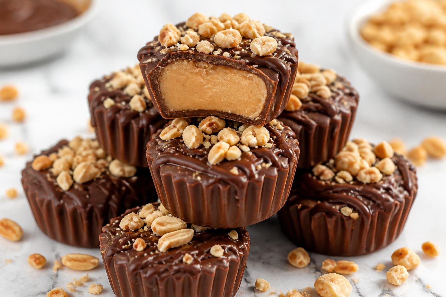 Keto peanut butter chocolate fat bombs stacked with creamy filling and chocolate drizzle, low-carb dessert snack perfect for keto diet and sugar-free cravings