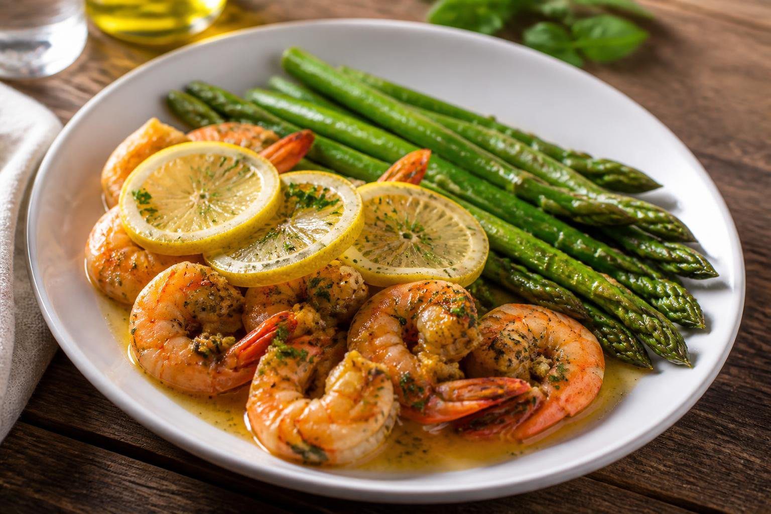Lemon Garlic Shrimp and Asparagus (20-Minutes) plated as a healthy dinner recipe with juicy garlic butter shrimp, fresh asparagus, and lemon slices on a rustic table, quick shrimp recipe for easy weeknight meal