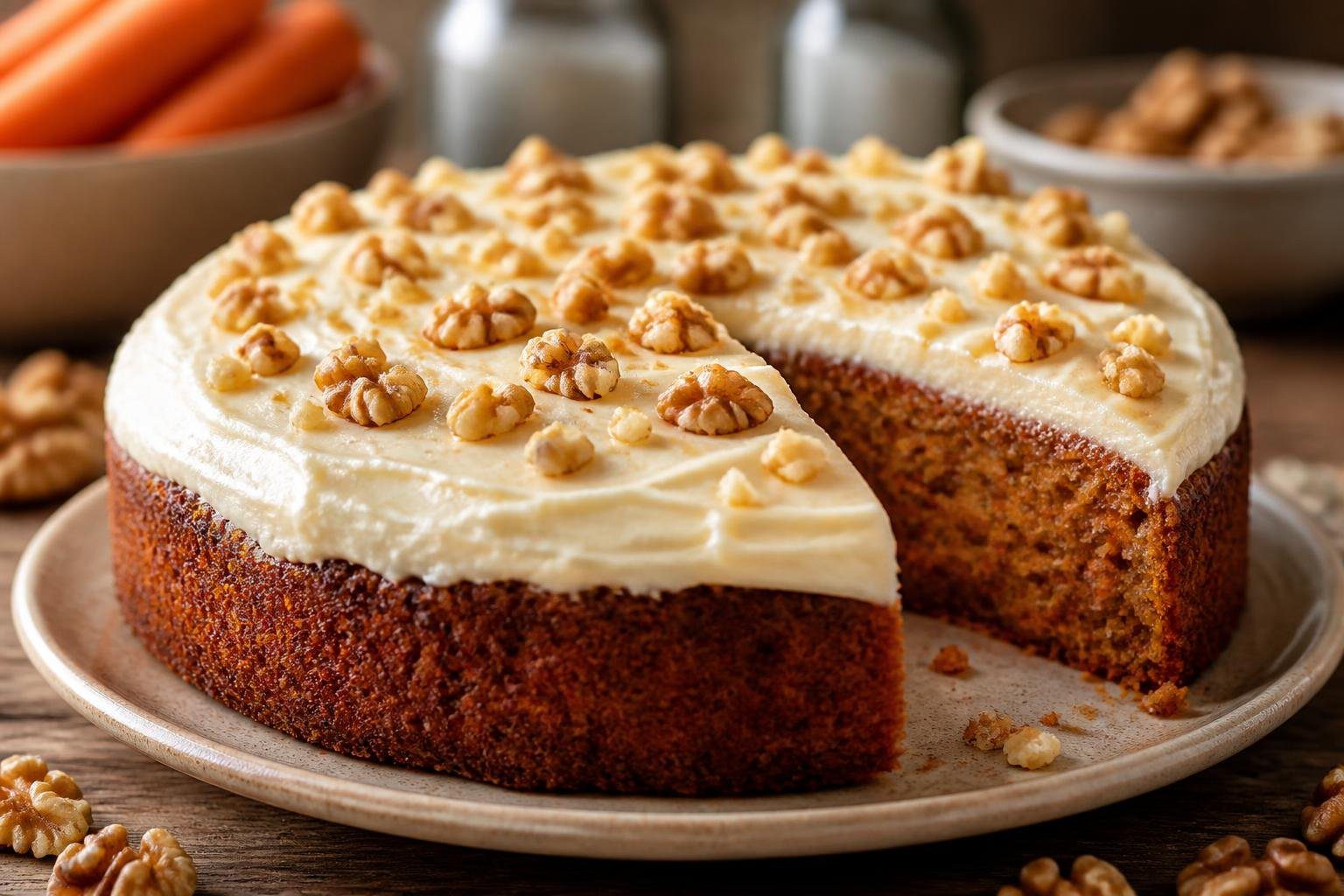 Moist keto carrot cake recipe topped with sugar-free cream cheese frosting and walnuts, showing a rich low carb dessert perfect for healthy keto baking and weight loss desserts lifestyle
