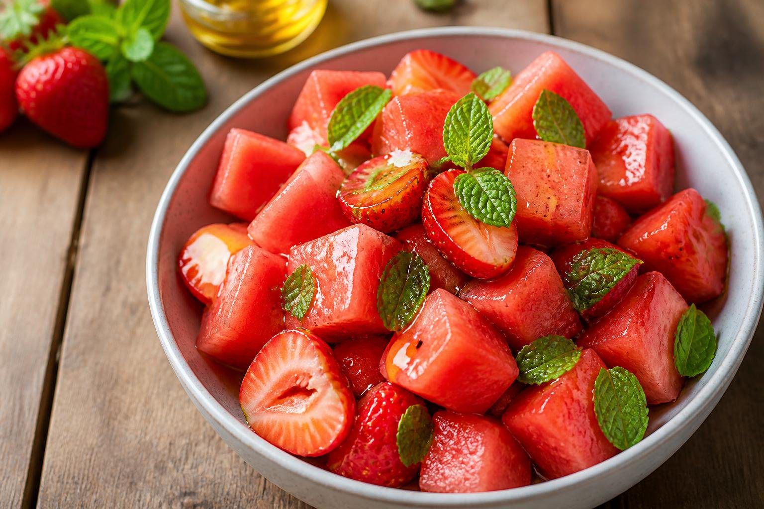Strawberry watermelon salad with refreshing honey, fresh mint, and juicy summer fruits in a rustic bowl, a light and healthy summer fruit salad recipe