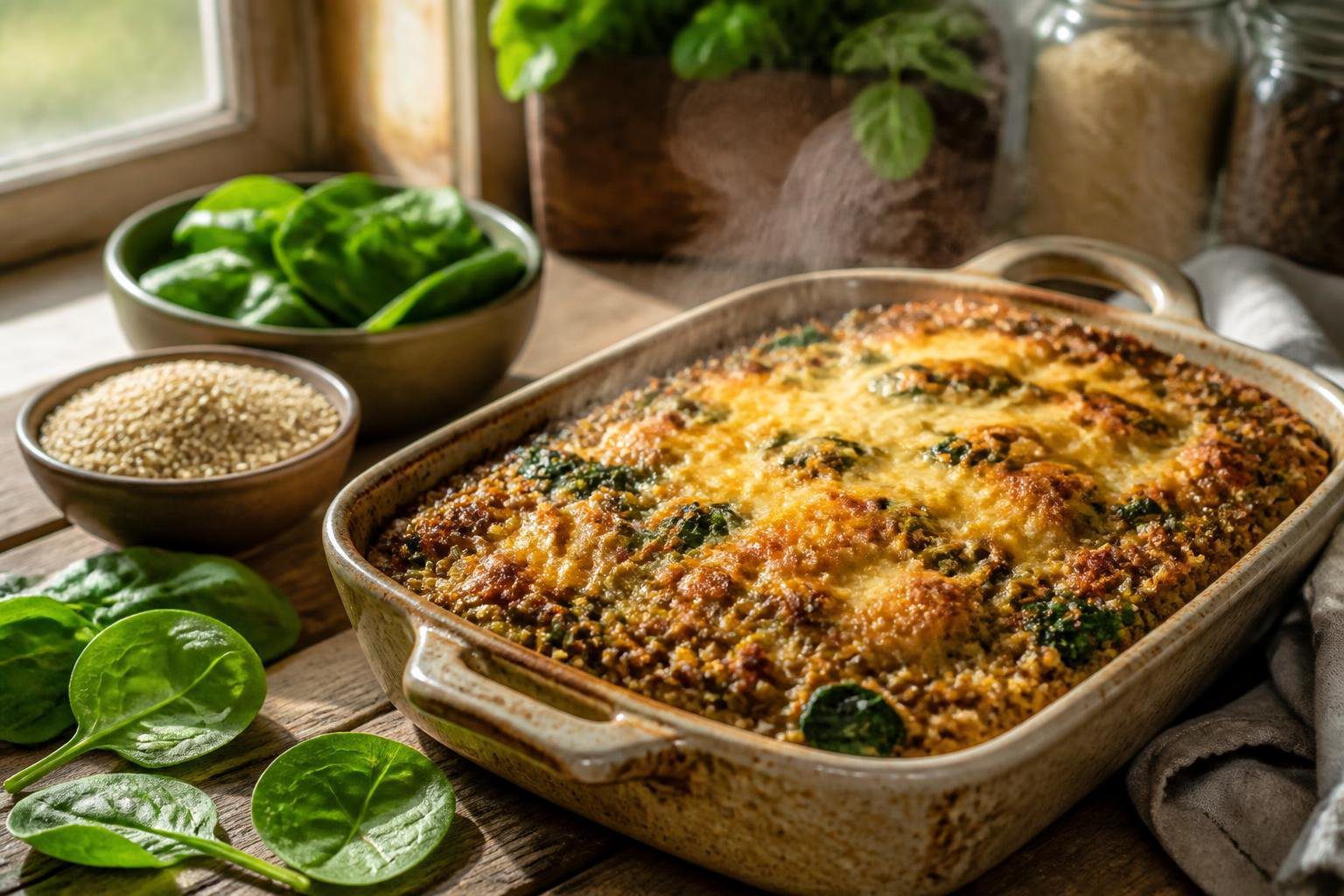 Wholesome quinoa lentil spinach bake recipe idea served in rustic baking dish with golden crust, healthy plant-based protein meal, nutritious homemade vegetarian comfort food