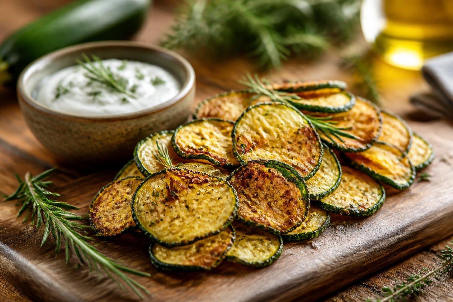 crispy ZUCCHINI CHIPS RECIPE served as healthy zucchini chips snack in rustic bowl, showing oven baked zucchini chips with fresh zucchini and herbs