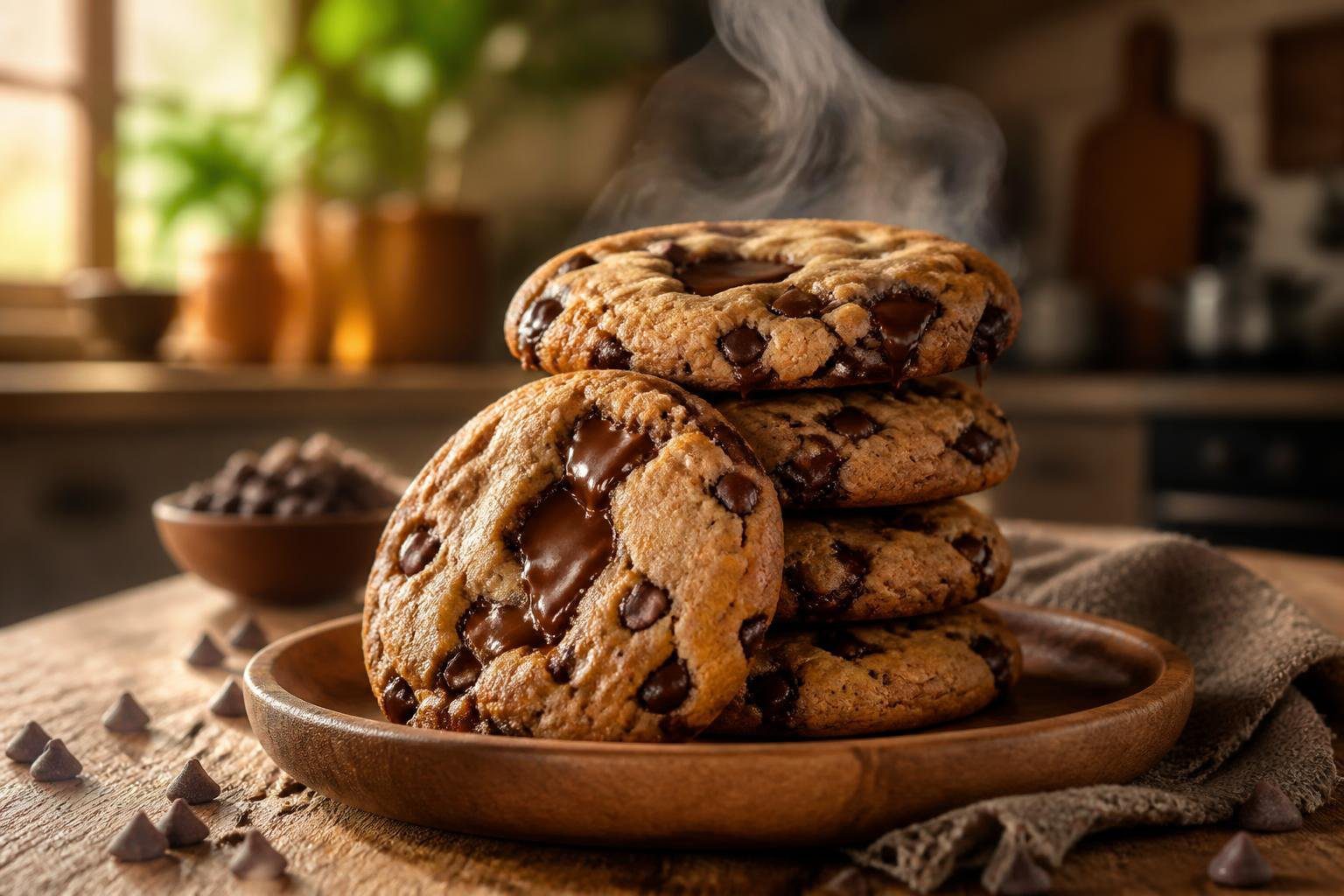 giant chewy keto chocolate chip cookies stacked on a wooden plate with melted sugar-free chocolate chips, showcasing soft bakery-style texture of low carb keto cookies in warm kitchen