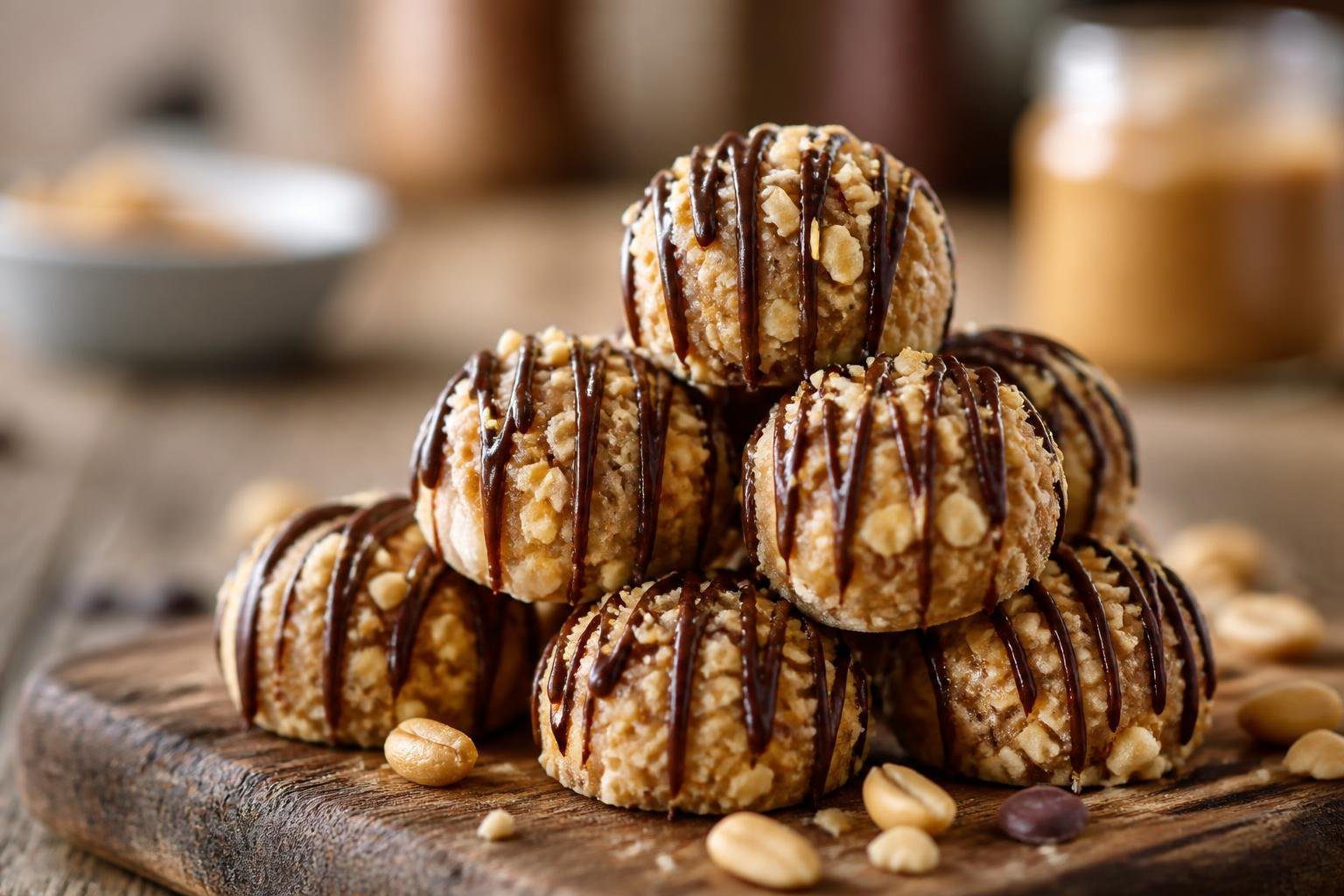 keto peanut butter fat bombs stacked with chocolate drizzle and crushed peanuts, low carb dessert bites, high fat keto snack for energy and weight loss