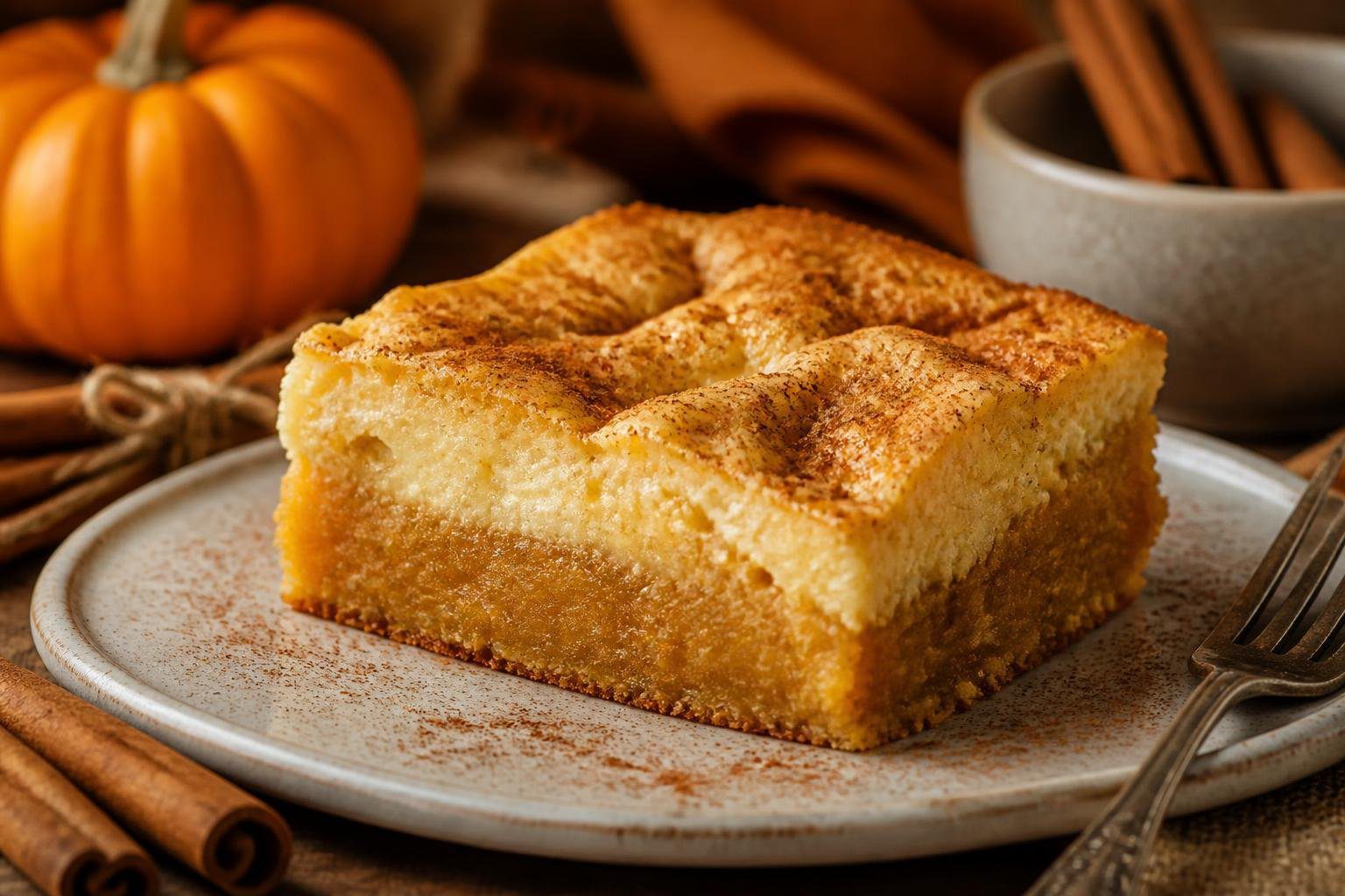 keto pumpkin gooey butter cake with creamy pumpkin filling, golden crust, and cinnamon topping on rustic table in warm autumn setting