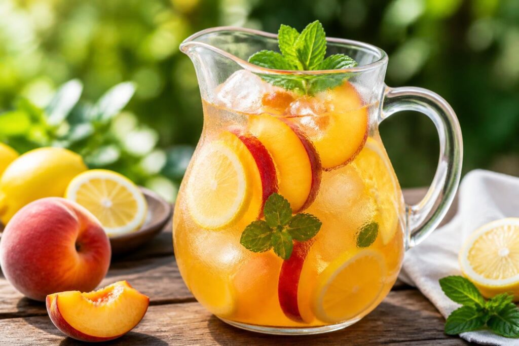 peach lemonade recipe in a glass pitcher with fresh peaches, lemon slices, ice cubes, and mint on a rustic table, refreshing homemade summer drink