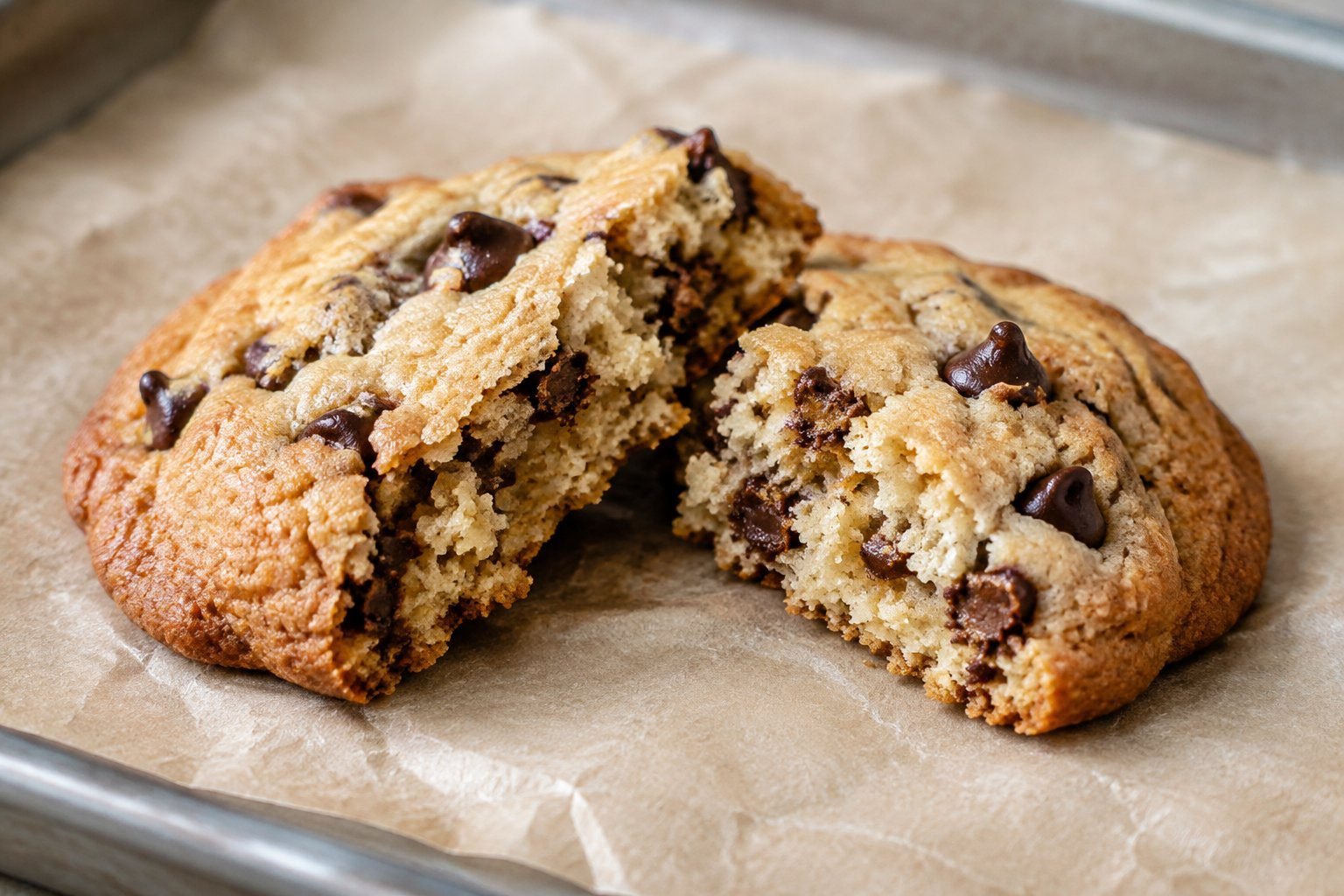 Chocolate chip cookie broken open to show its soft center and melted chocolate pieces