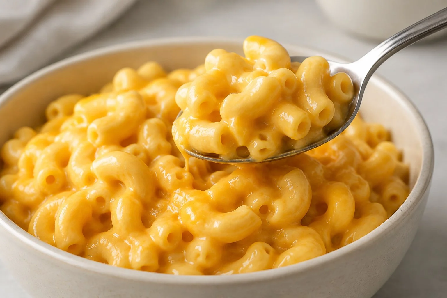 Close-up of tender macaroni coated in a smooth cheddar cheese sauce.