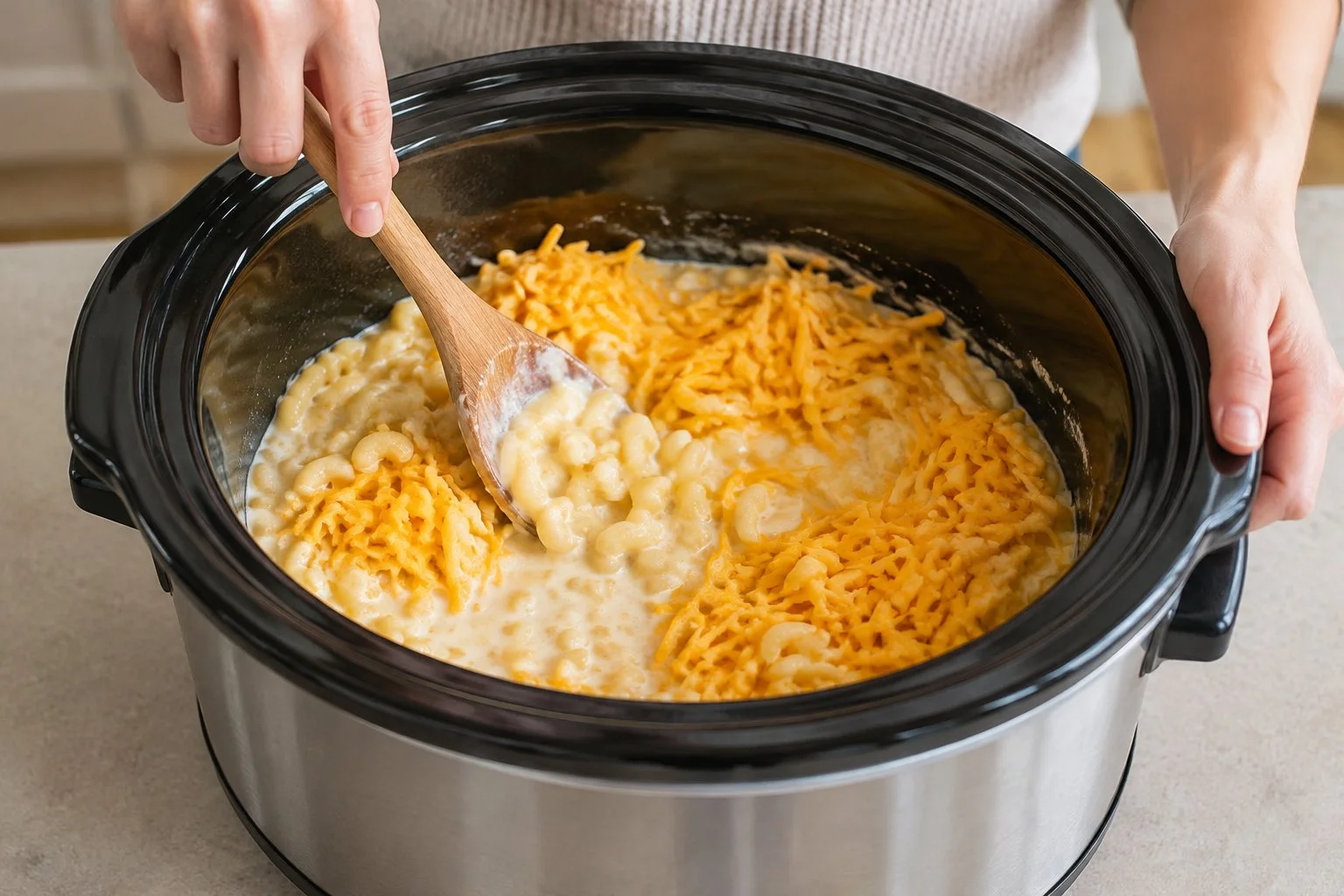 Cooked elbow macaroni and grated cheddar being mixed with a creamy sauce in a slow cooker.