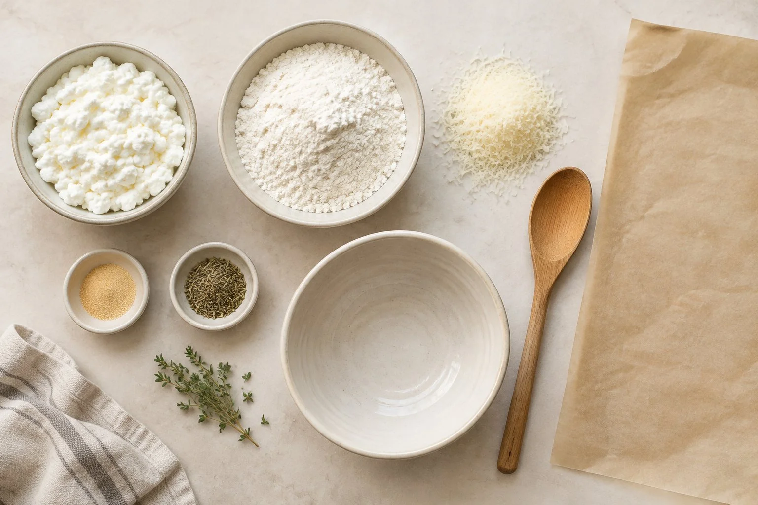 Cottage cheese, flour, Parmesan, and herbs for homemade crackers