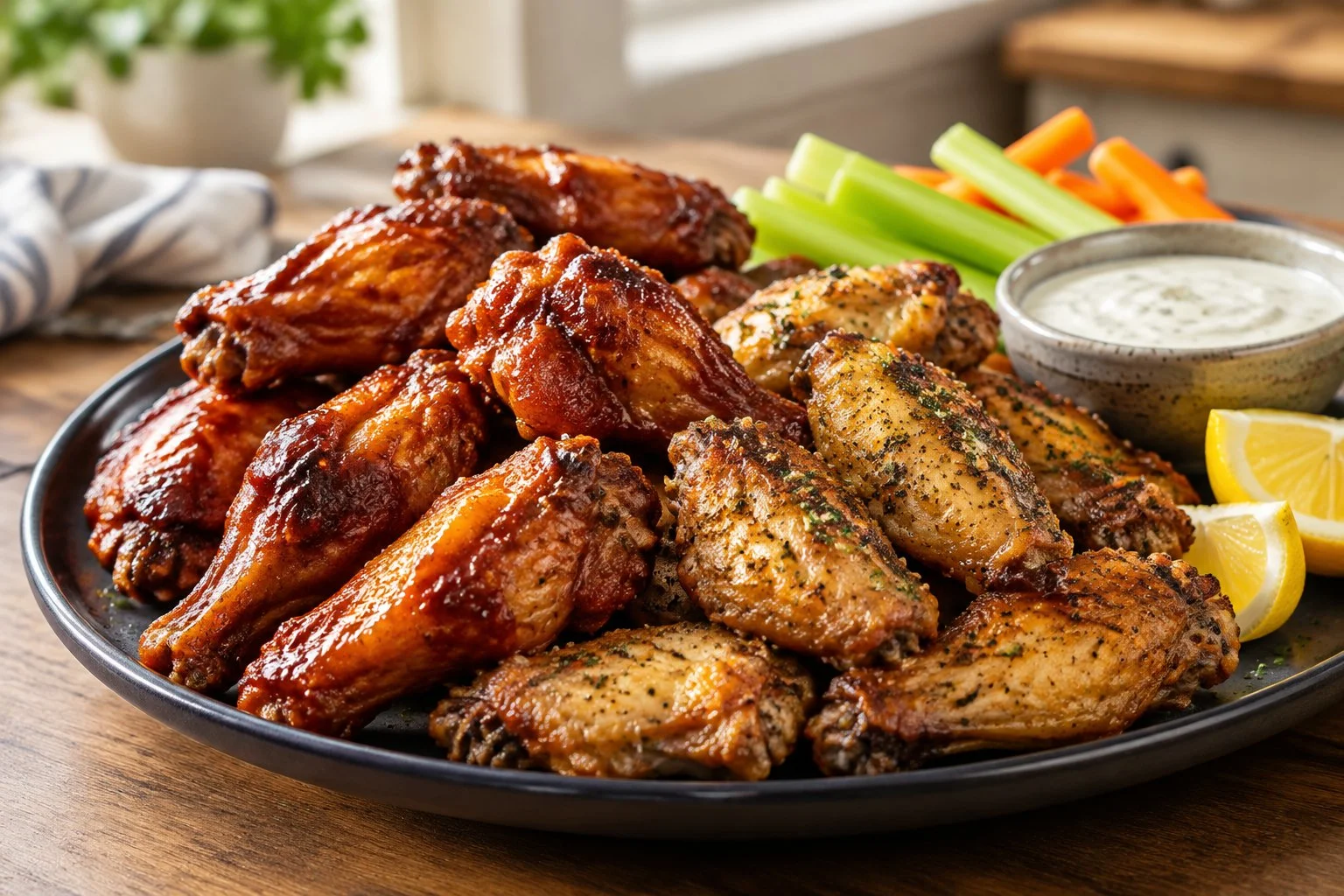 Golden crispy chicken wings served with ranch dip, celery sticks, and carrot sticks.