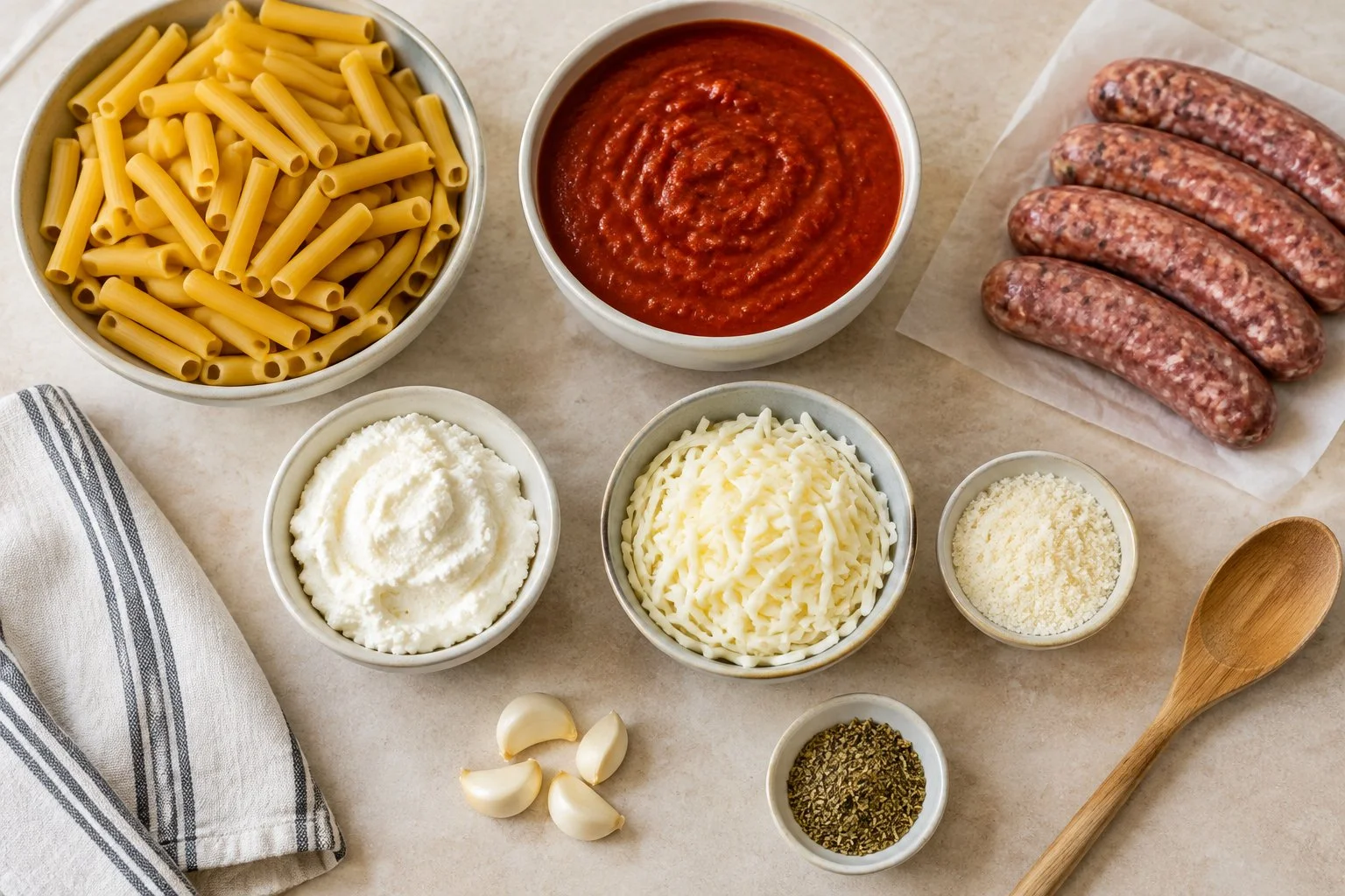 Ingredients for baked ziti, including ziti pasta, marinara sauce, ricotta, mozzarella, Parmesan, and Italian sausage.