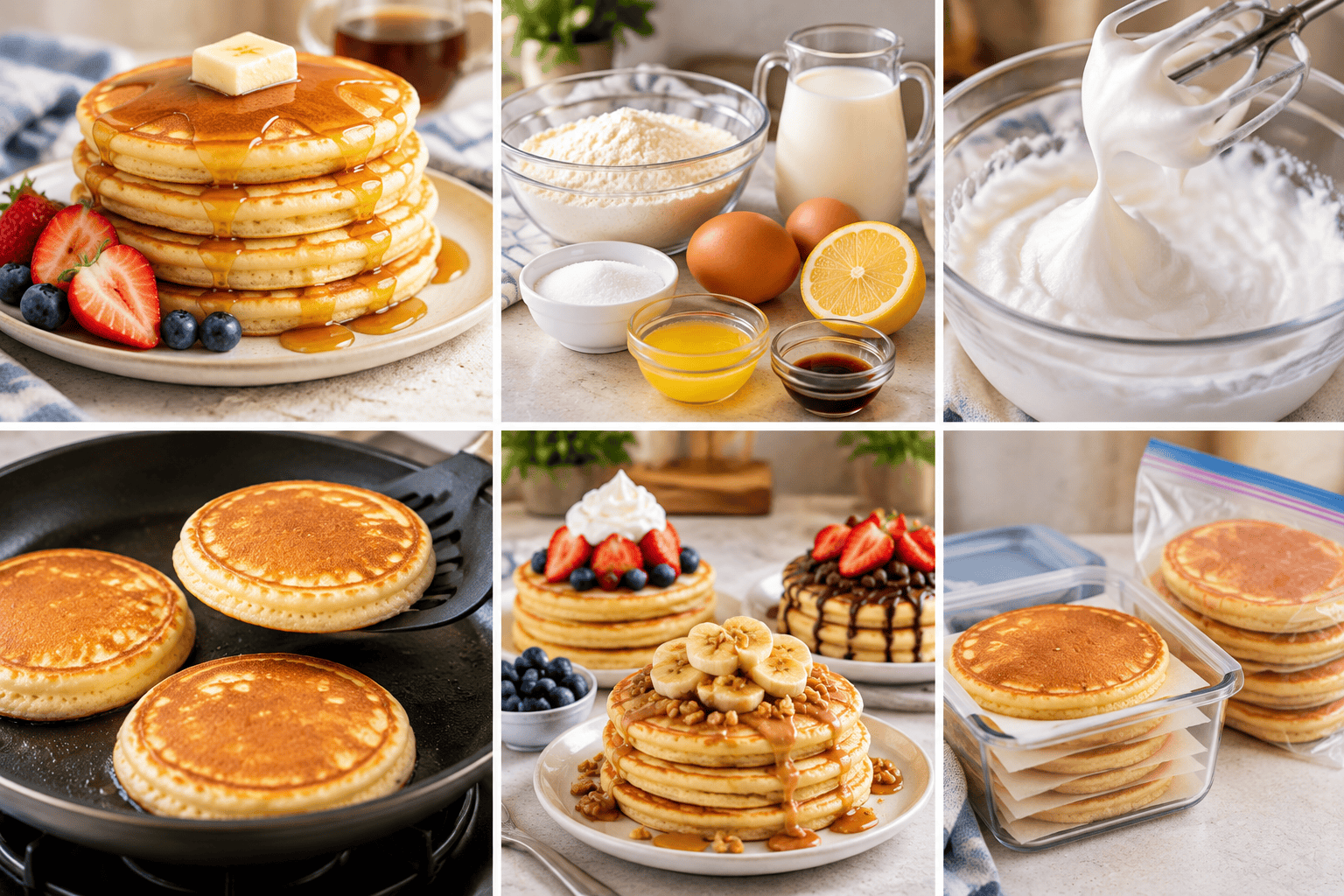 Homemade pancakes, pancake ingredients, whipped egg whites, cooking methods, toppings, and storage.