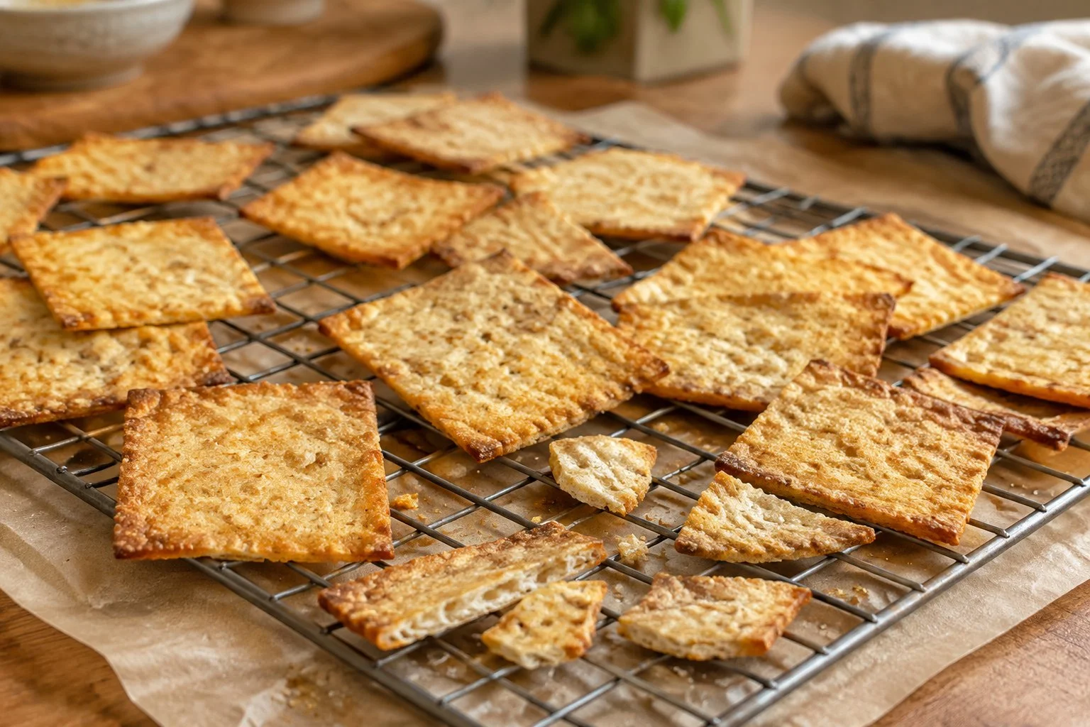 Thin crispy cottage cheese crackers with golden-brown edges