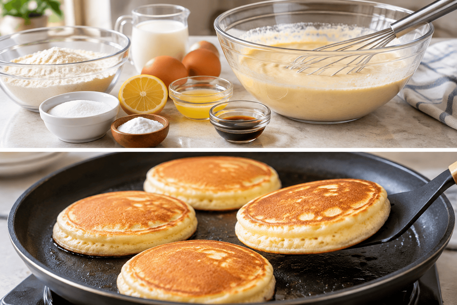 Ingredients for pancakes without baking powder, including flour, eggs, milk, and lemon juice.
