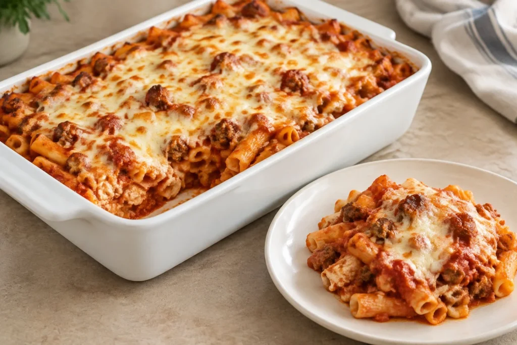 Homemade baked ziti with melted mozzarella, rich tomato sauce, and Italian sausage.