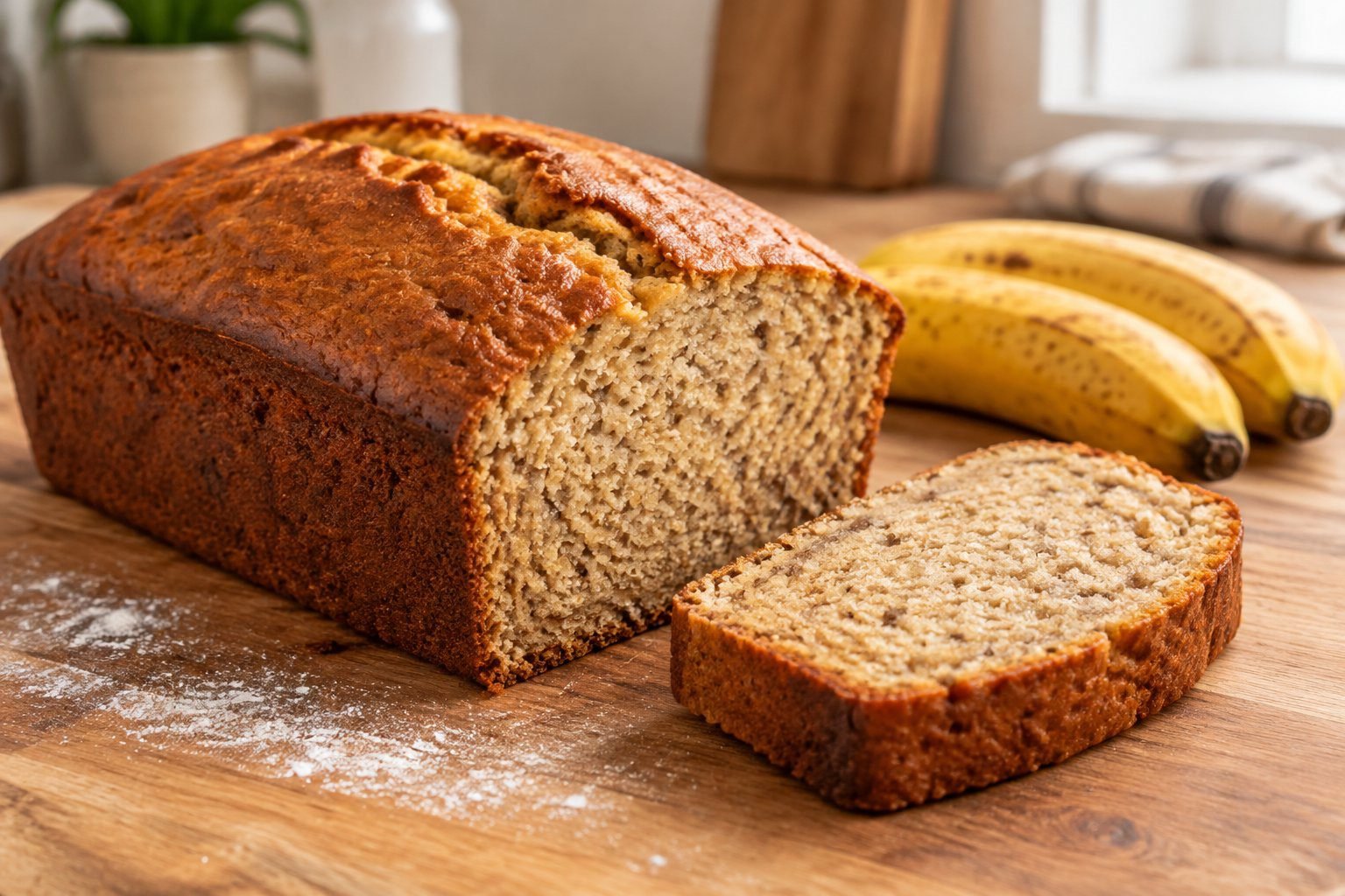 Homemade banana bread without baking soda with a golden crust and moist center