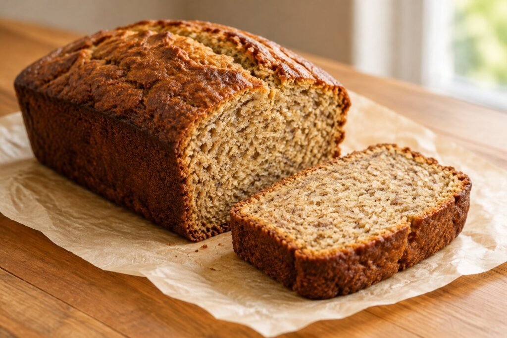 Homemade banana bread without baking soda with a golden crust and soft sliced center