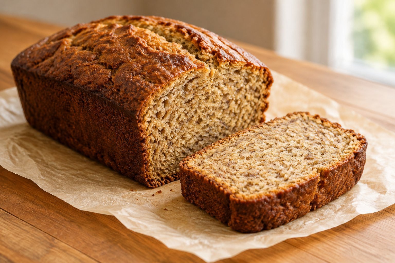 Homemade banana bread without baking soda with a golden crust and soft sliced center