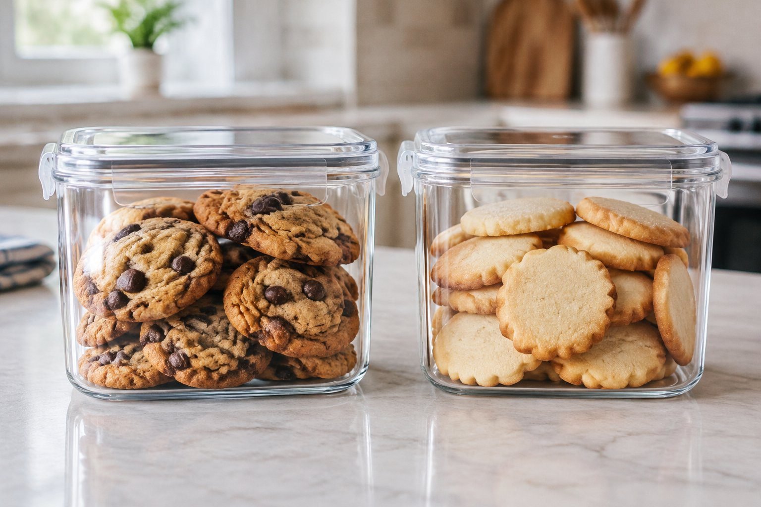 Homemade chocolate chip and sugar cookies stored in airtight containers.