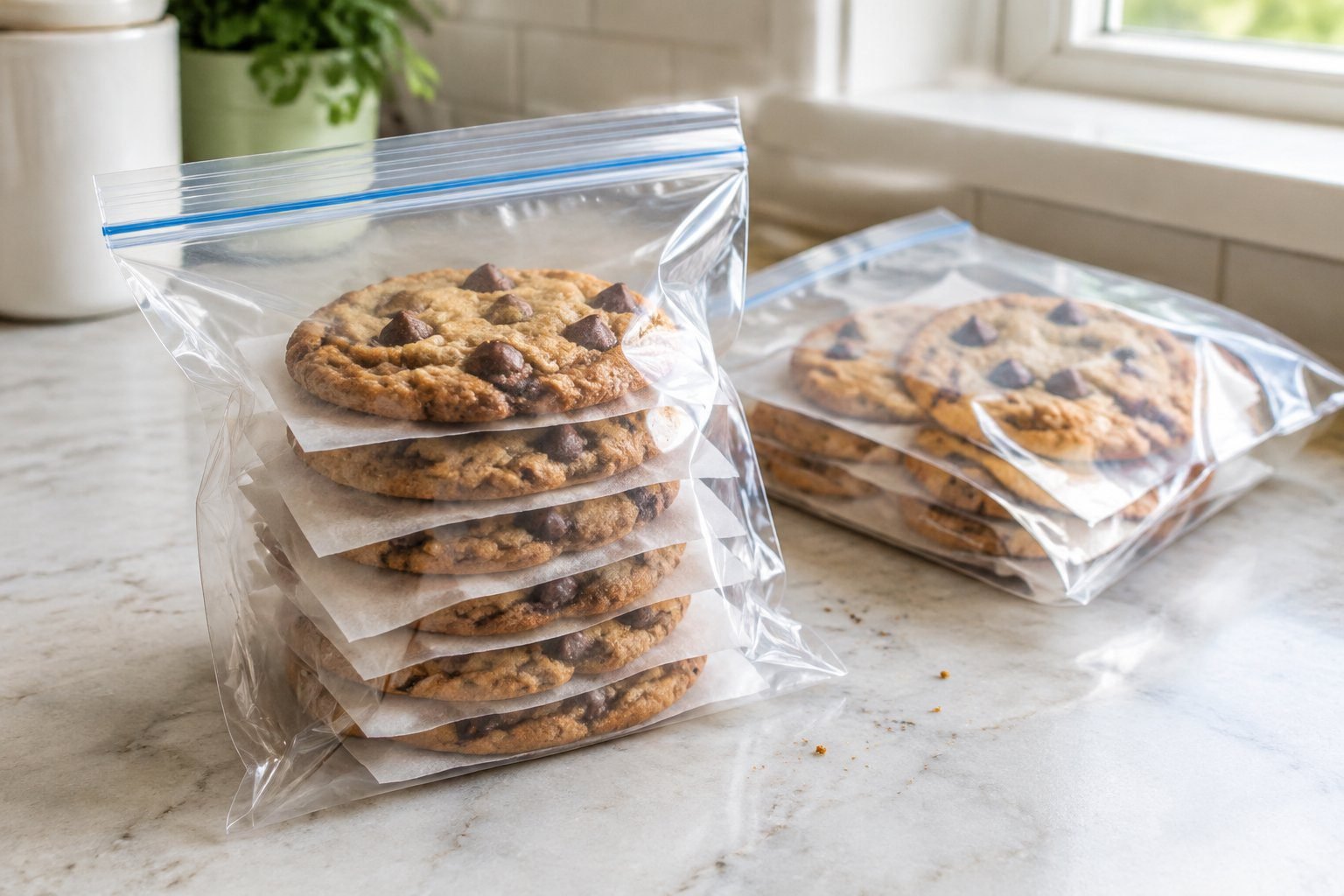Homemade chocolate chip cookies packed in freezer-safe bags for storage.