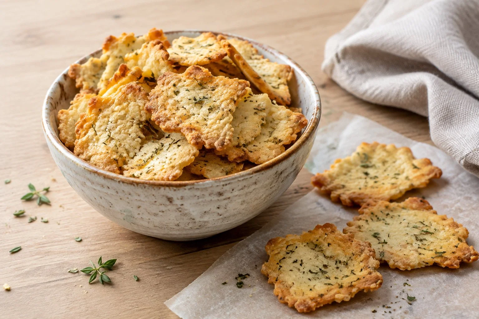 Homemade crispy cottage cheese crackers with golden edges