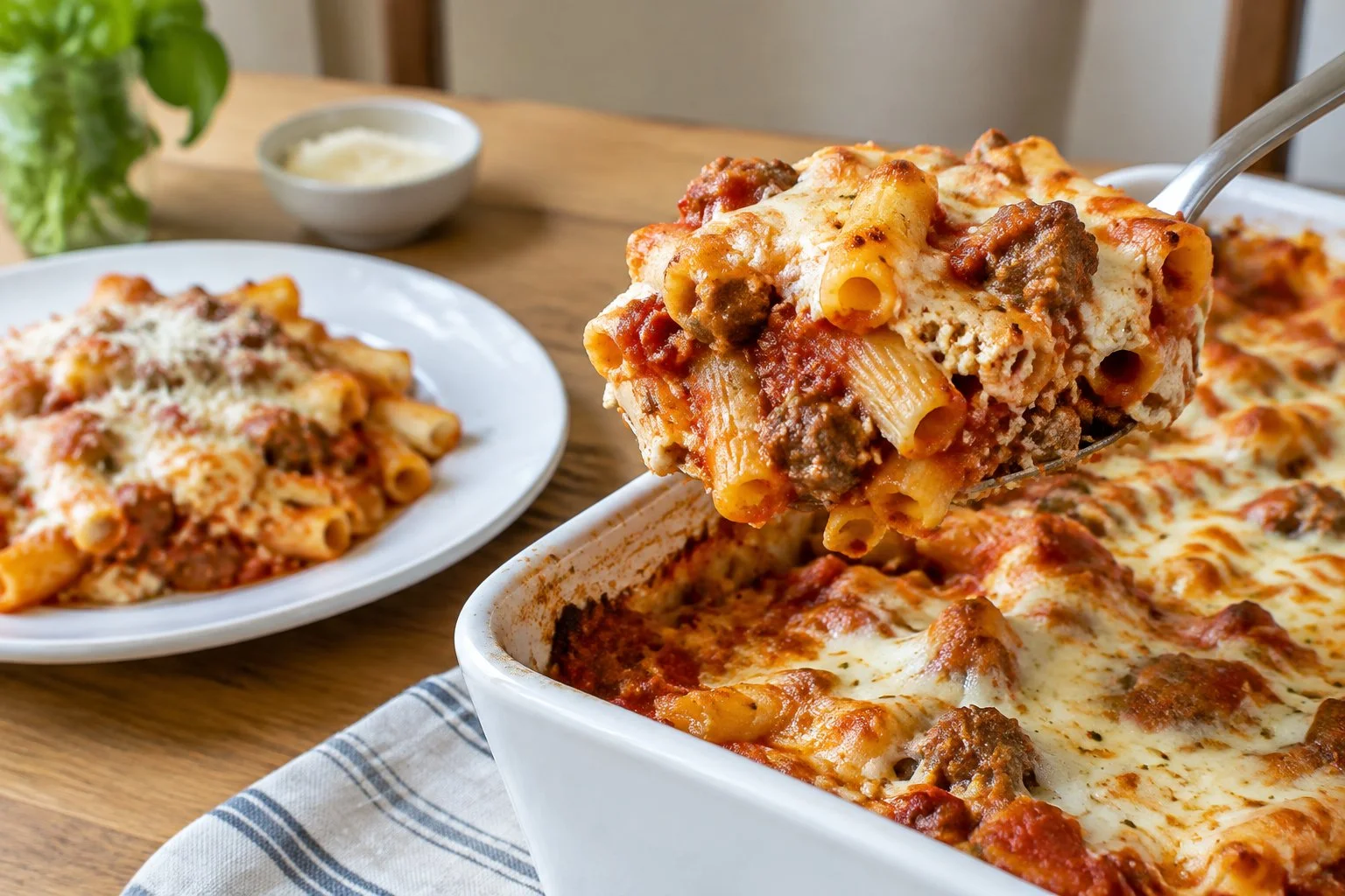 Serving of baked ziti showing pasta tubes, tomato sauce, creamy cheese, and melted mozzarella.