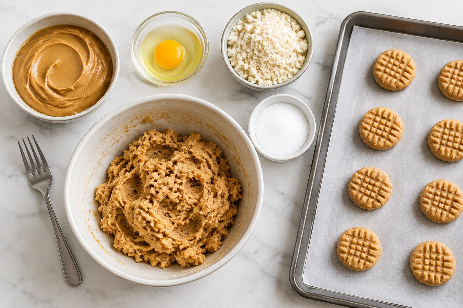 Ingredients for keto peanut butter cookies, including unsweetened peanut butter, egg, almond flour, and keto sweetener.