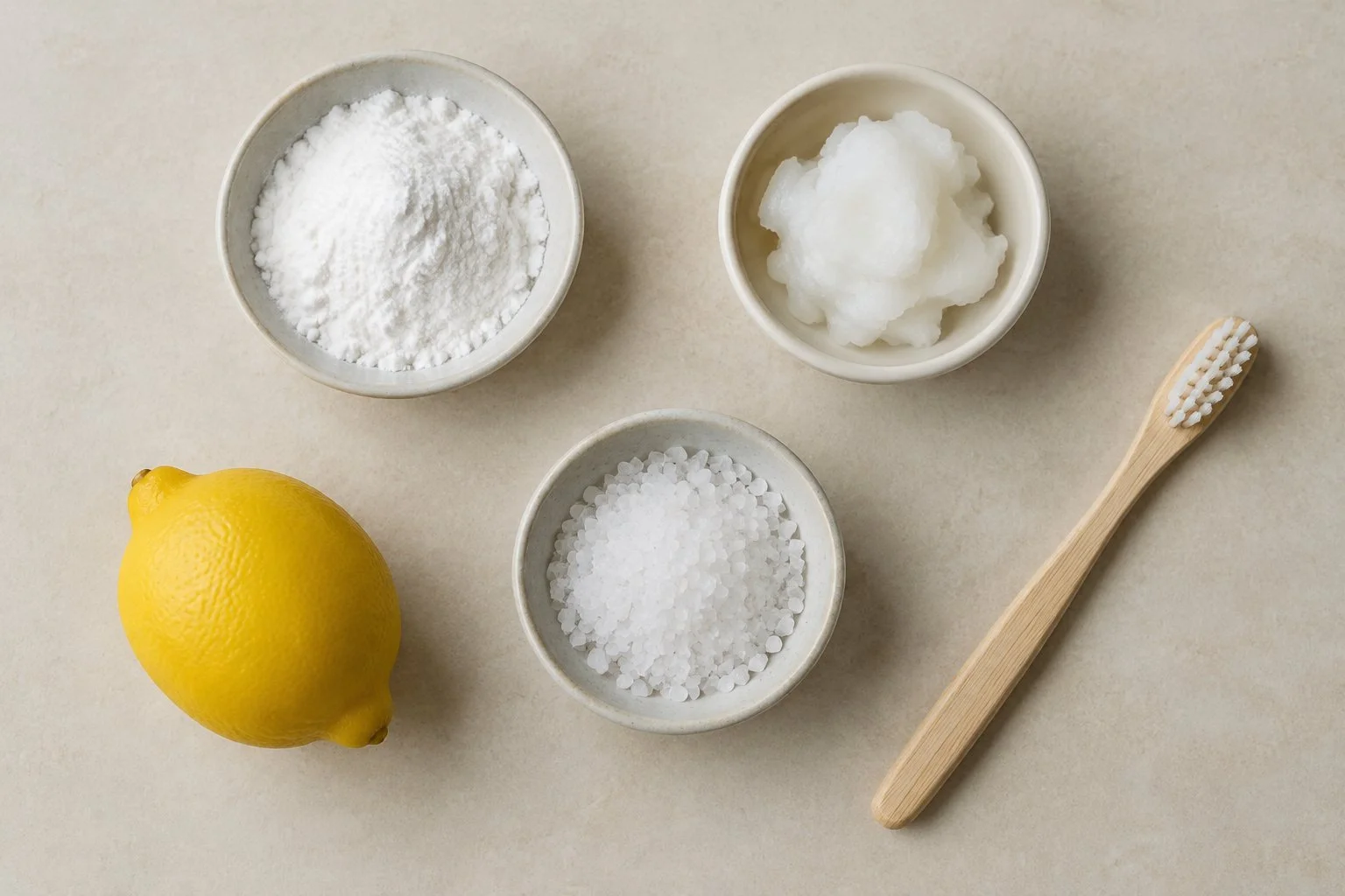 Baking soda, coconut oil, salt, and lemon arranged beside a toothbrush for a homemade toothpaste safety guide.