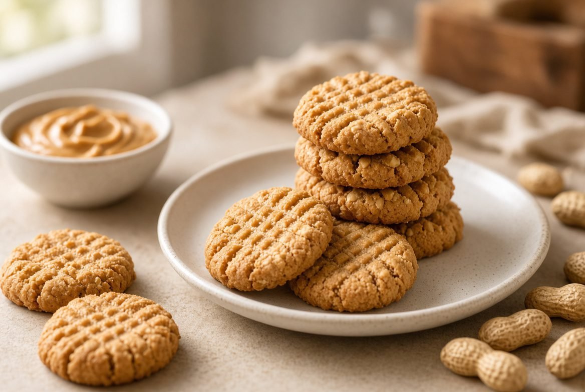 Homemade keto peanut butter cookies with a golden-brown finish and classic fork crisscross