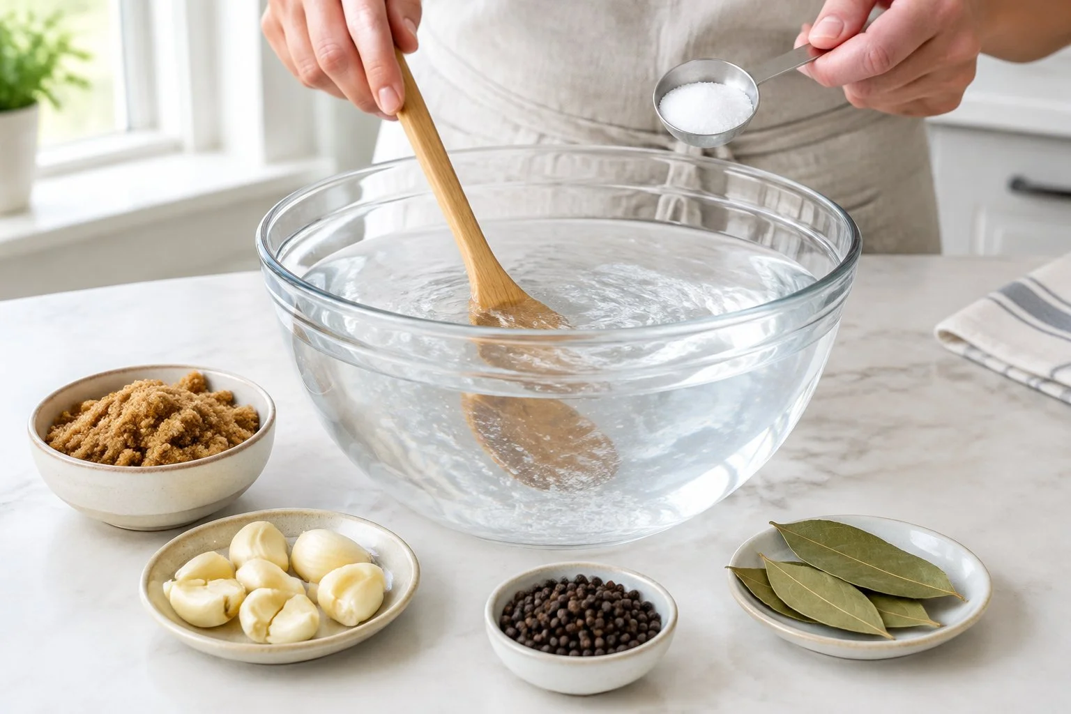 Mixing water, kosher salt, brown sugar, garlic, and peppercorns to make chicken wing brine.