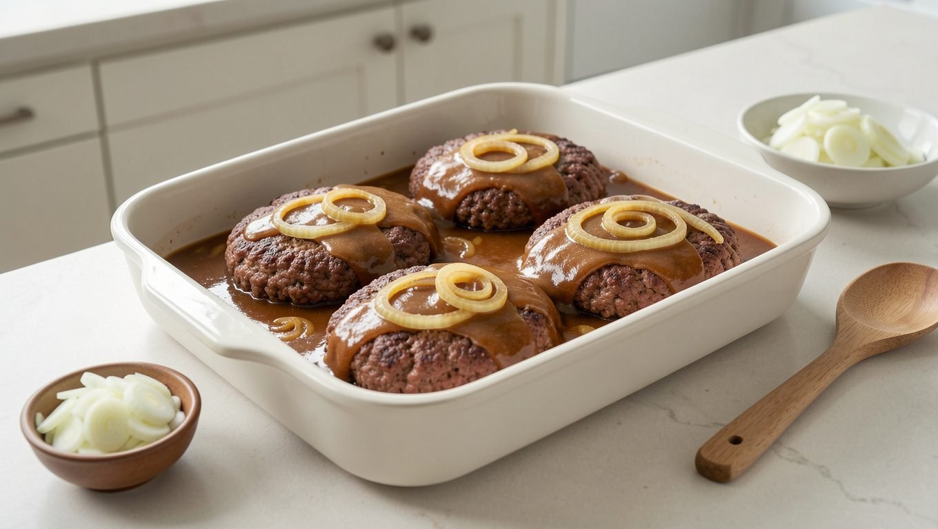 Ground beef patties arranged in a baking dish with sliced onions and brown gravy before baking.
