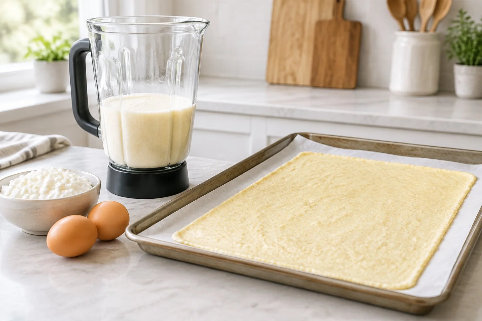 Cottage cheese and eggs blended and spread on a parchment-lined baking sheet for keto flatbread.