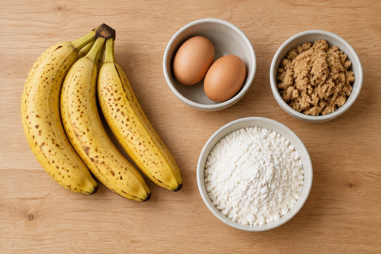 Ripe bananas, eggs, brown sugar, and self rising flour for banana bread