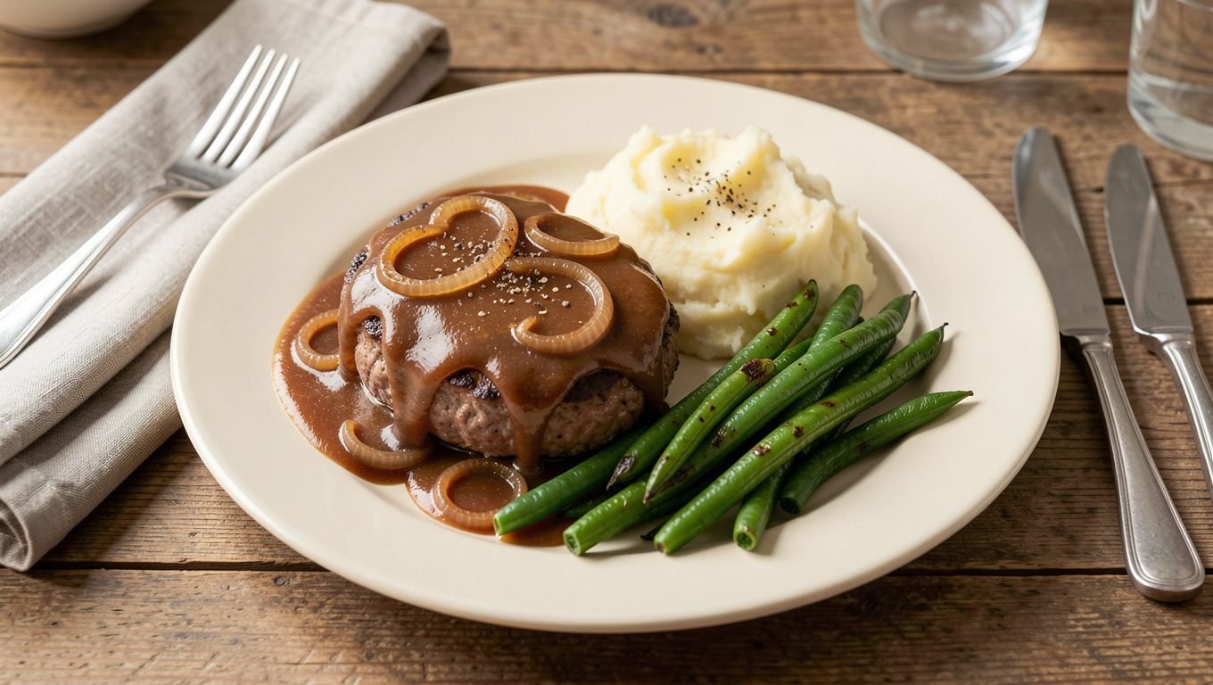 Hamburger steak with brown onion gravy, creamy mashed potatoes, and roasted green beans.