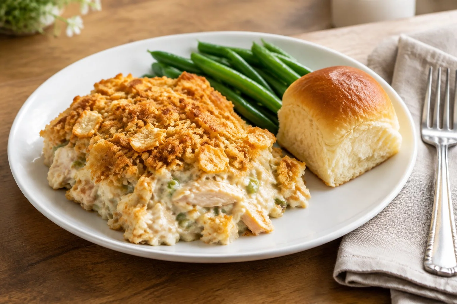 Serving of old fashioned chicken casserole with green beans and a dinner roll.