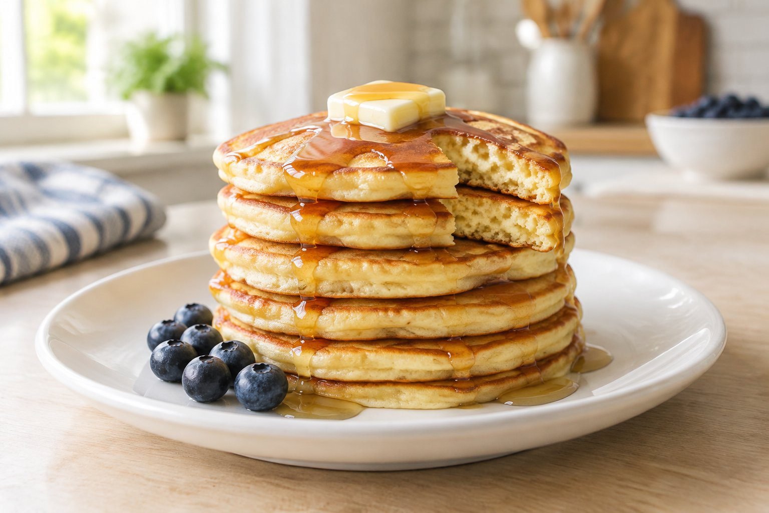 Stack of homemade pancakes without baking powder topped with butter and maple syrup