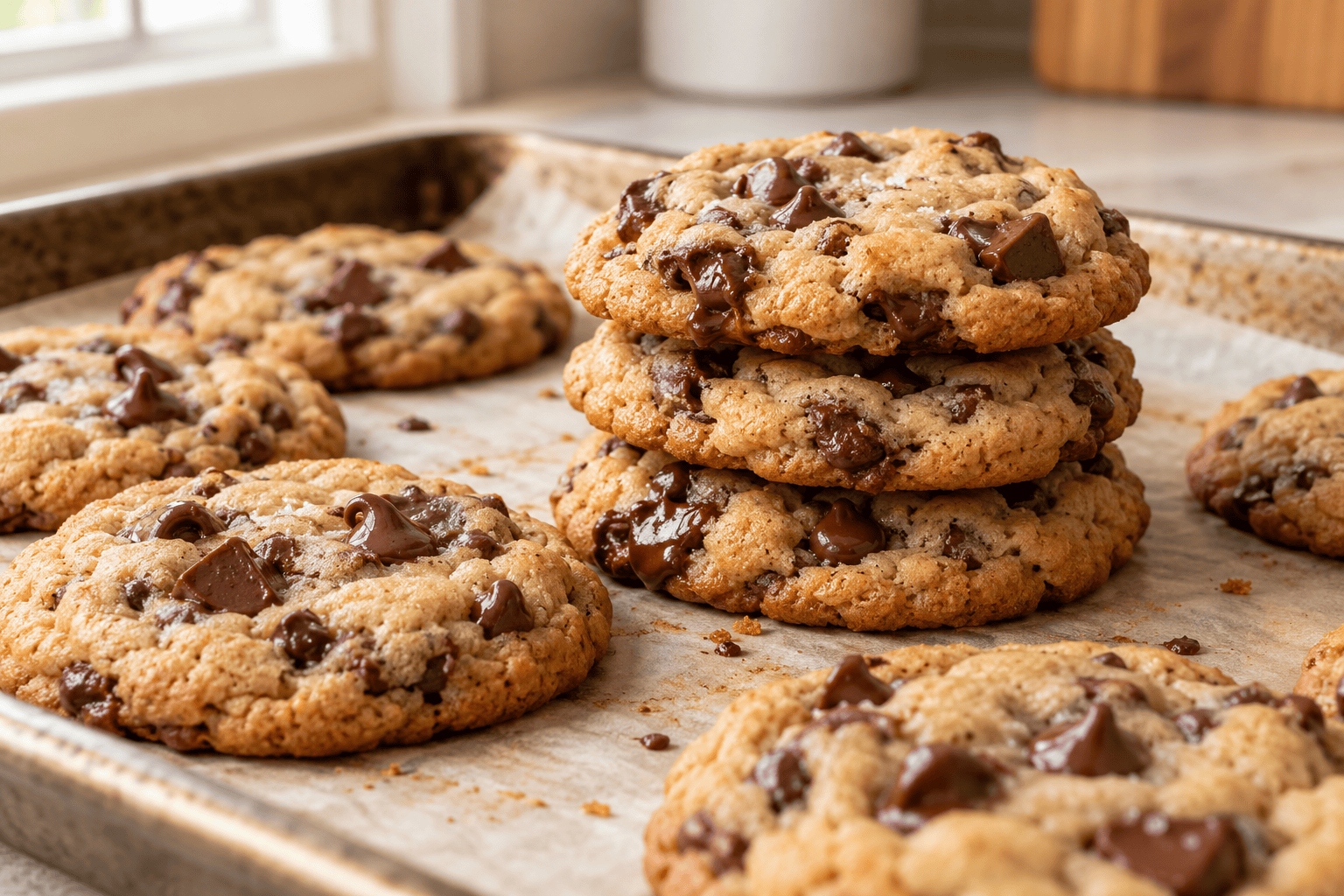 Homemade chocolate chip cookies without baking soda or baking powder.