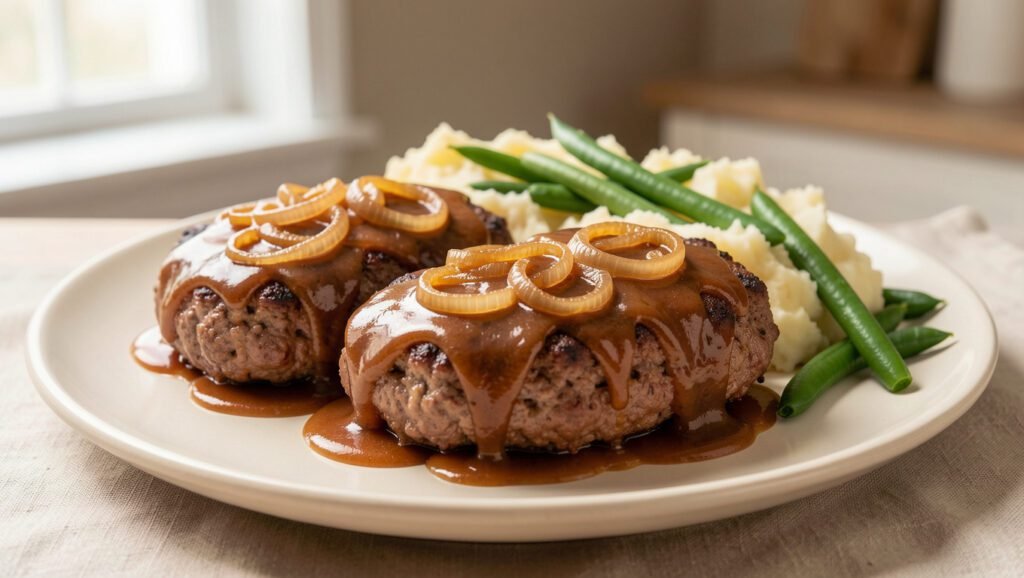 Oven-baked hamburger steaks topped with brown onion gravy and served with mashed potatoes.