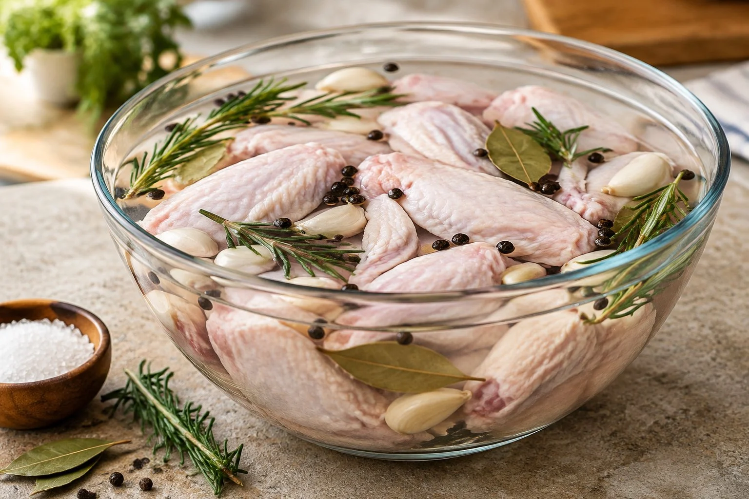 Raw chicken wings soaking in homemade chicken wing brine with garlic, peppercorns, and bay leaves.