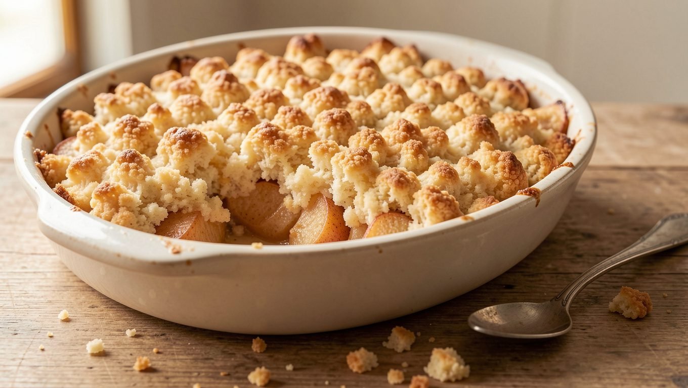 Golden crispy crumble topping with buttery clusters over baked apples.