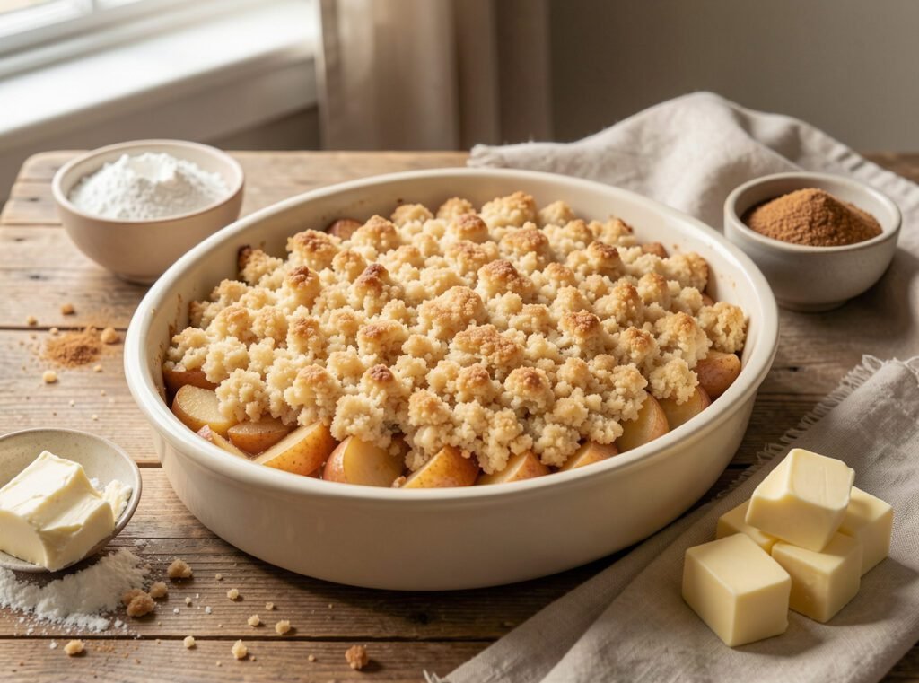 Homemade apple crumble with a golden, buttery crumble topping.